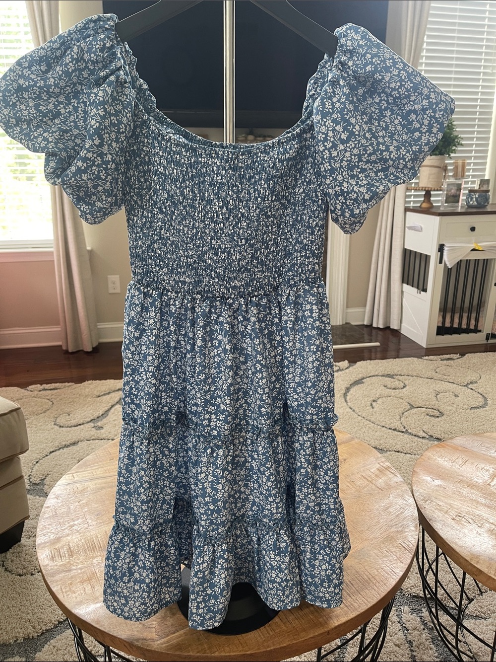Blue Floral Smocked Puff-Sleeve Mini Dress